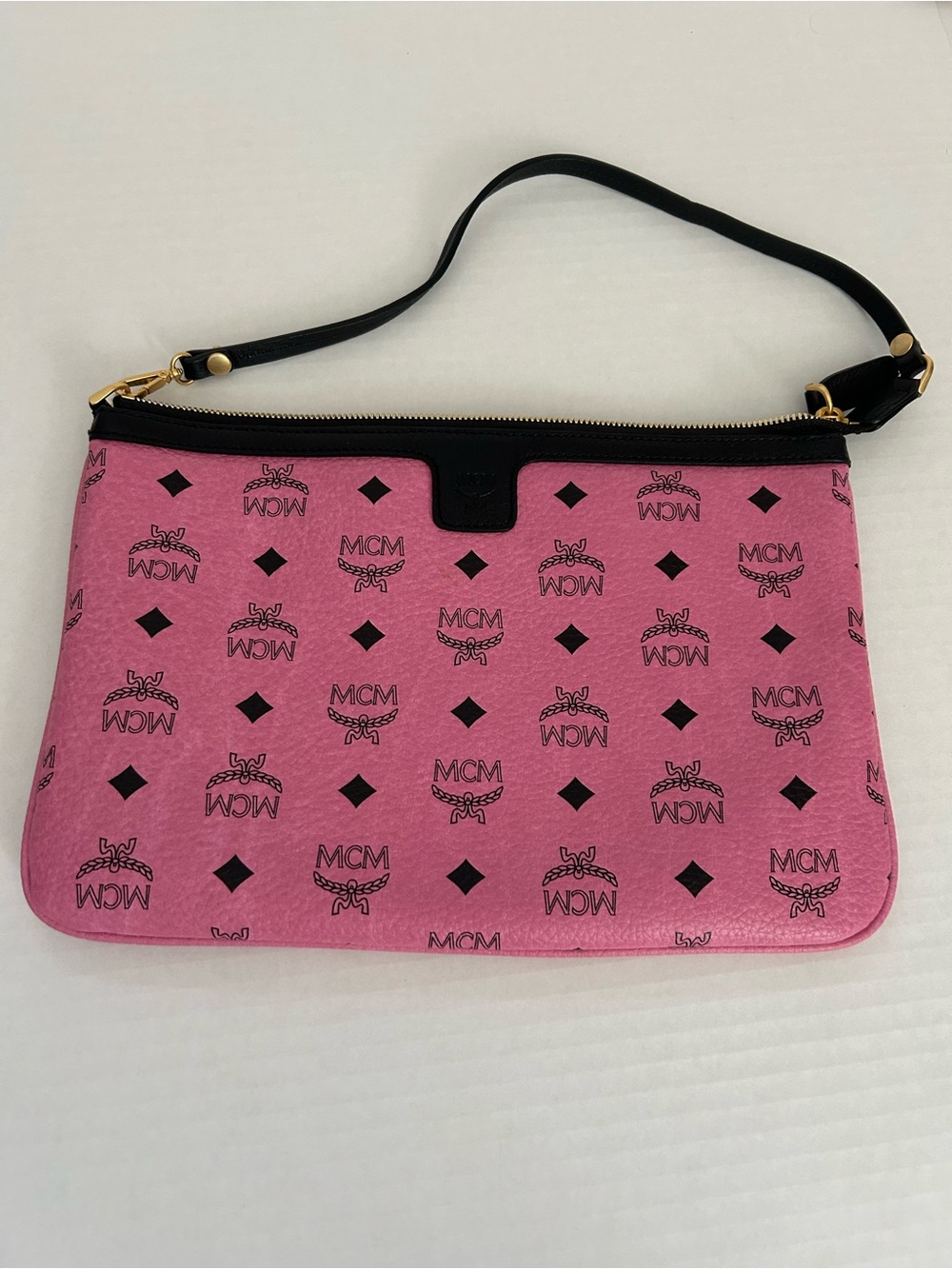 MCM Visetos Clutch Pink and Black Logo Zip-Top Large Wristlet Bag
